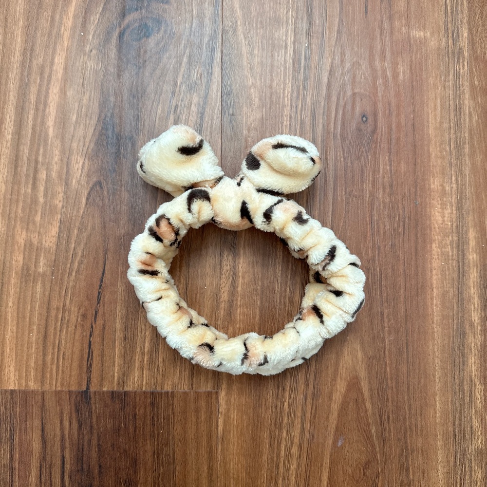 brown fluffy leopard print skincare headband with bow